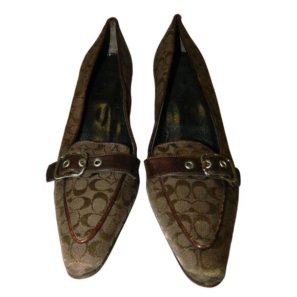 Coach Brown Monogram Buckle Loafers Pointed Toe Heel 7.5B Womens Leather Canvas - Picture 2 of 12